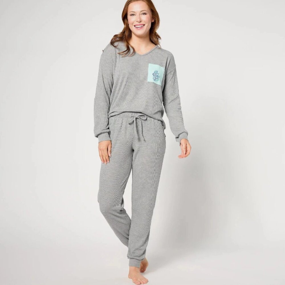 MUK LUKS Waffle & Ribbed Knit Decal Lounge Set Gray XL